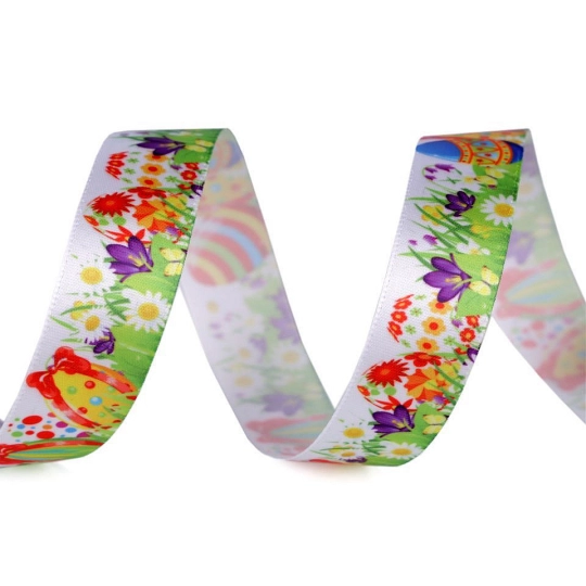 Stuha Veľká noc šírka 25 mm kura, vajcia, lúka, zajac - 22.5 m | Mimib