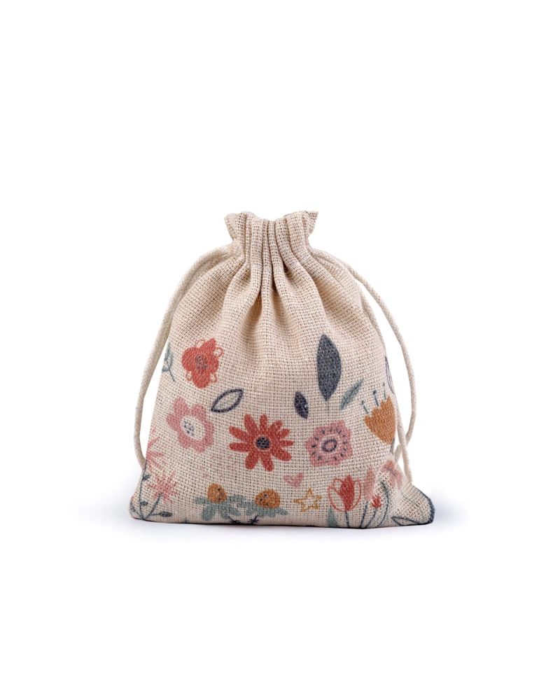 Darčekové vrecko jarné 10x13 cm ľanové s kvetmi - 1 ks | Mimib