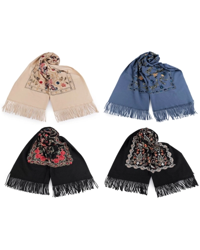 Veľká teplá šatka / pléd vyšívaná so strapcami, typu kašmír 70x180 cm - 1 ks | Mimib